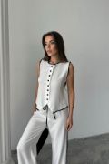 KETEN KENARLARI BİYELİ YELEK - PANTOLON TAKIM - Beyaz resmi